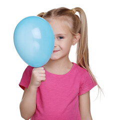 Cute little girl with light blue balloon on white background