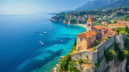 Panoramic vista of Mediterranean shoreline featuring historical city in southern France. - obrazy, fototapety, plakaty