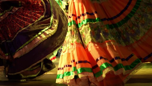 Extreme closeup of women dancing with big flow dresses a Mexican cultural folk dance showing the different ethnic dances of La Paz, Baja California Sur, Mexico in slow motion.