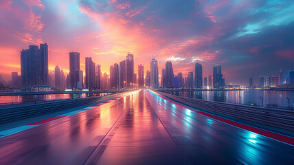 Fototapeta premium Race track road and bridge with city skyline at sunset,generative ai