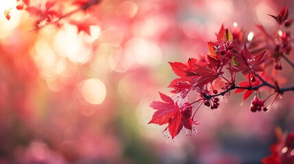 Detailed shot of crimson maple tree in bloom during the spring season, with a blurred backdrop.