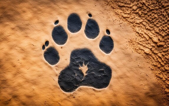 wild predator paw footprint or trail in the desert. hunting concept. generative ai.