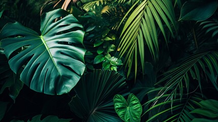 A detailed view of lush foliage with tropical leaves in a dark, flat lay concept.