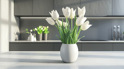 Beautiful spring  tulips on the table in a gray cozy kitchen