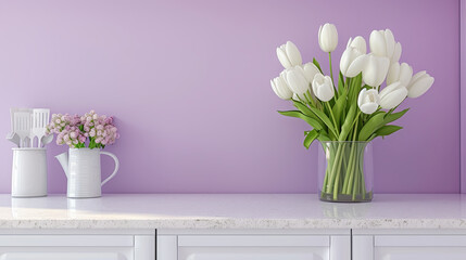 Beautiful spring white tulips on the table in a lilac kitchen