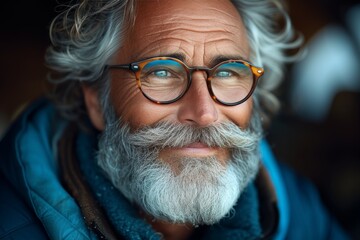 A seasoned gentleman gazes confidently through his spectacles, his rugged beard and wrinkles telling tales of a life well-lived, his attire hinting at a sense of sophistication and intelligence