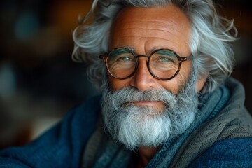 A wise and distinguished senior citizen gazes through his glasses, his bearded face adorned with wrinkles, reflecting a lifetime of experiences and knowledge