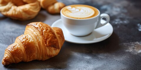 Savory pastry and a steaming cup of tasty java. Sweet treat. Morning croissant and coffee. Macro shot.