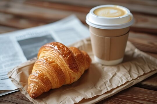 Take out coffee fresh croissant and newspaper on wooden backdrop