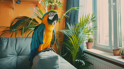 Bright beautiful yellow and blue macaw parrot side view in a cozy apartment with plants