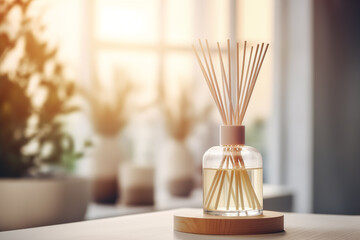 A scent diffuser bottle with flowers. Home fragrance in the form of aromatic perfume. Beige color scheme. Modern interior on blurred background - obrazy, fototapety, plakaty