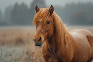 A majestic sorrel mustang horse stands tall in a snowy winter field, its mane flowing in the wind as it exudes grace and strength as a powerful mammal of the outdoors - obrazy, fototapety, plakaty