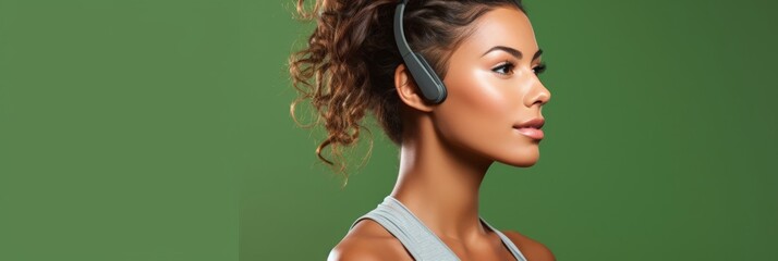Young sporty woman in sportswear with wireless headset over pastel background, copy space