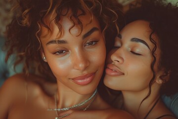 Two stylish ladies captured the essence of love and friendship in a selfie, showcasing their flawless skin and trendy fashion accessories including lip gloss, eyelash extensions, and ringlets