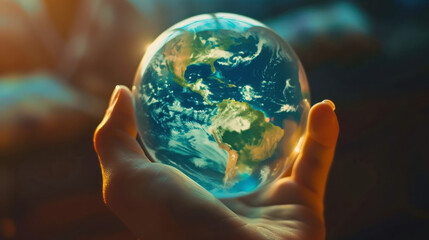 illustration of a planet earth glass ball in a hand