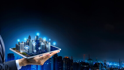 Man hand holding an empty digital tablet with Smart city with smart services and icons