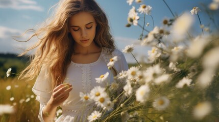 A young girl stands in a field with a bouquet of wild daisies. Travel and a healthy lifestyle, enjoying nature. Freedom and the concept of a healthy lifestyle.