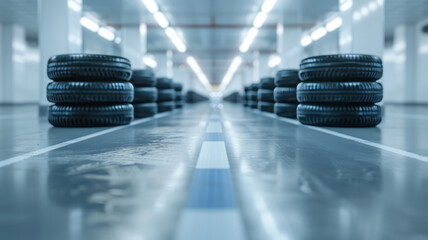 Close-up of rubber tire stacks at white modern car service center,generative ai