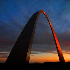 St Louis Arch Metal Gateway Landmark Sunset Glowing Orange Blue Sky