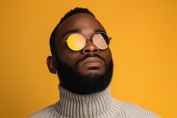 Stylish African American man with beard in grey sweater Studio portrait with yellow light Autumn and winter fashion Male sunglasses and eyewear