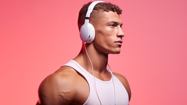 sporty man in sportswear with wireless headset over pastel background, copy space