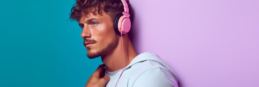 sporty man in sportswear with wireless headset over pastel background, copy space