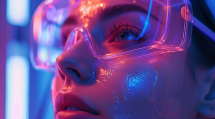 Woman with Futuristic Neon Makeup in Ultraviolet Light