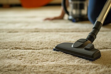 Young maid using vacuum to clean carpet at home cropped image