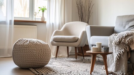 A vintage beige armchair and ottoman sit on a warm rug in a modern living room with a grey couch and retro furnishings.