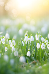 Snowdrops flowers in the snow in garden or forest. First wild flower in sunlight. Spring concept. Floral background for greeting card, banner, Women's day with copy space