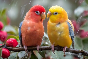 Vibrant parrots enjoy a sunny perch on a fruit-laden branch, their colorful feathers and playful beaks adding a touch of liveliness to the peaceful outdoor scene