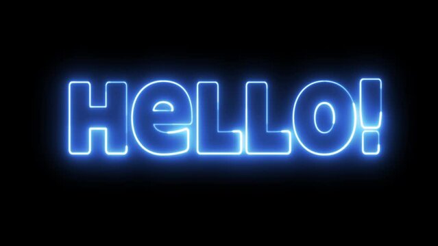 Hello text font with light. Luminous and shimmering haze inside the letters of the text Hello. Hello neon sign.