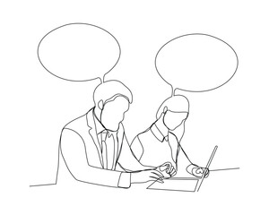 Continuous single line sketch drawing of two man and woman coworker talking something on laptop, bubble chat talk. One line art of office worker employee vector illustration