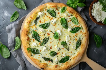 Top down shot of a white pizza with ricotta and spinach