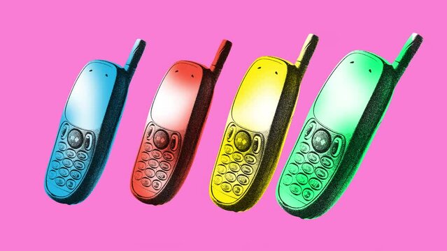 Stop motion. Modern creative animation. Vintage colorful cell phone mobile device isolated pink background. Image in old paper style. Concept of youth culture, retro, technology.