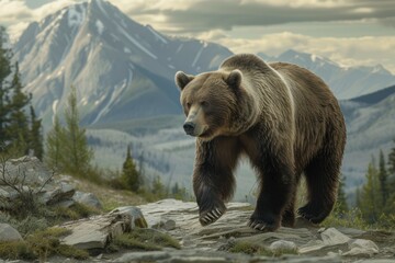 A grizzly confidently striding through a mountainous landscape