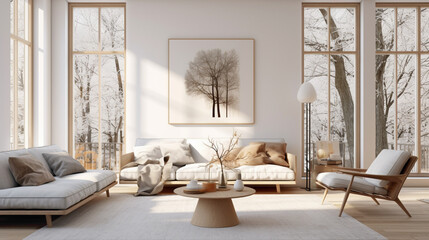 A light-filled living room with Scandinavian design principles, showcasing large windows and simple furnishings for a bright and airy atmosphere