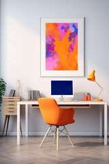 A fusion of minimalism and vibrancy in an office setting, with a stark white frame against a backdrop of vivid, complementary colors, creating a compelling mockup.