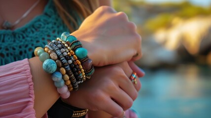 wrist is decorated with a chakra bracelet made of a semi-precious stone of a gentle color, symbolizing balance and well-being
