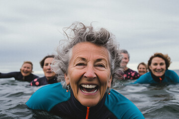 Fototapeta na wymiar Portrait of smiling grope of people, 70s woman, coastline, overcast weather, wind, waves, soft lighting, winter swimming in the ocean 