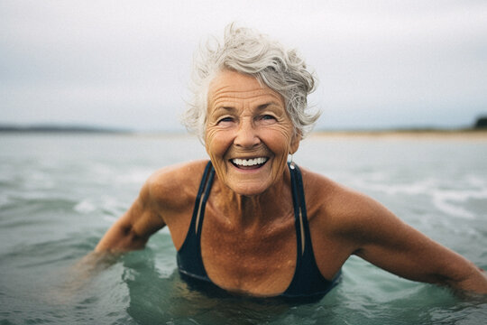 Portrait  of smiling 70 y.o woman, coastline, overcast weather, wind, waves, soft lighting