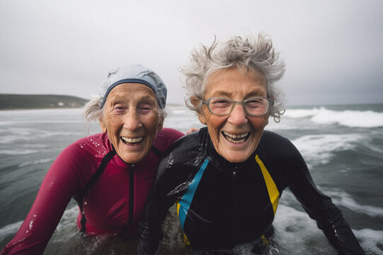 Portrait  of smiling grope of people, 70s woman, coastline, overcast weather, wind, waves, soft lighting, winter swimming in the ocean
