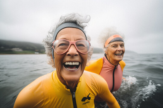 Portrait  of smiling grope of people, 70s woman, coastline, overcast weather, wind, waves, soft lighting, winter swimming in the ocean
