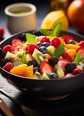 fruit salad with fruit and cup of green tea in the background 
