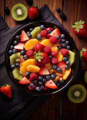 high angle fruit salad in a bowl with fruit surrounding the bowl