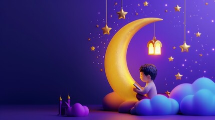 ramadan blessings banner background. islamic festival background with cute boy seat on moon and praying. 3d render ramadan greeting card purple background. 