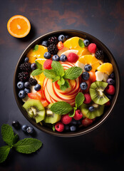 Fancy fruit salad in a bowl from above