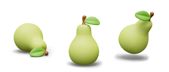 Set of 3D green pears in different positions. Ripe whole fruit. Natural juicy dessert