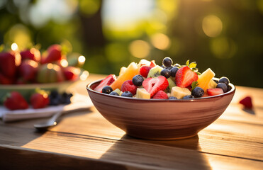 bowl of fruit salad on a table in warm light