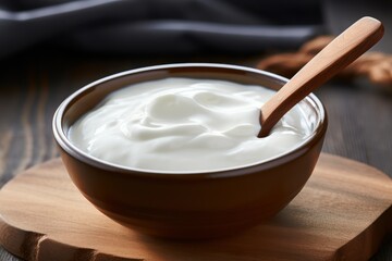 Close up of spoon in casserole bowl of natural yogurt on wooden table